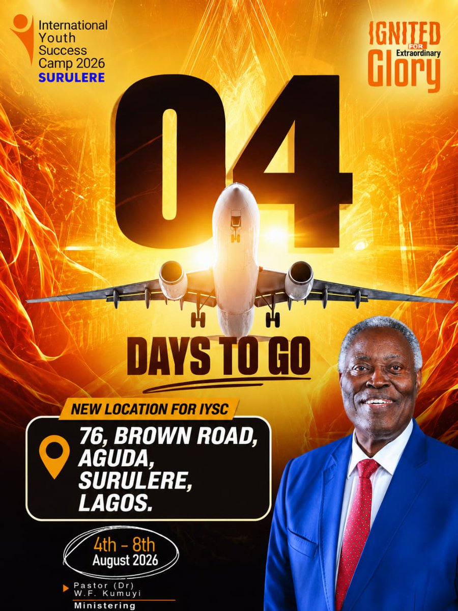 DlbcSurulere's tweet photo. ⚡ 4 DAYS TO GO!
The clock is ticking.
The fire is rising.
The moment is near.
🔥 4 Days.
🔥 1 Encounter.
🔥 A Lifetime of Impact.
Get ready to be IGNITED FOR EXTRAORDINARY GLORY!
#4DaysToGo #SuccessCamp2026 #IgnitedForExtraordinaryGlory #RevivalFire #ExtraordinaryGlory https://t.co/AvVgfU40VC