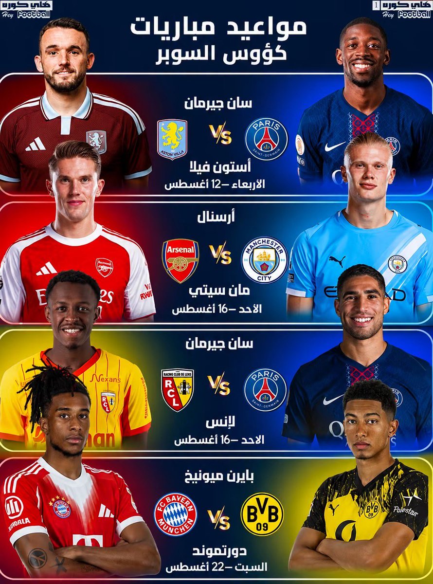 bareinterr's tweet photo. 🚨 مواعيد نارية تنتظر عشاق كرة القدم في كؤوس السوبر! 🔥🏆

استعدوا لسلسلة من القمم الأوروبية المرتقبة، حيث تلتقي أقوى الأندية في مواجهات تحمل الكثير من الإثارة والندية:

⚔️ أستون فيلا × باريس سان جيرمان
⚔️ آرسنال × مانشستر سيتي
⚔️ لانس × باريس سان جيرمان
⚔️ بايرن ميونيخ × بوروسيا دورتموند