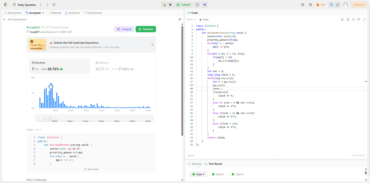 SurajS2707's tweet photo. 🚀 Day 426 of my #EverydayCode challenge
Solved Minimum Number of Pushes to Type Word II using Greedy + Frequency Counting + Priority Queue in C++.
💡Key idea: Assign the most frequent characters to the lowest push counts to minimize the total number of pushes
#LeetCode #Cpp #DSA https://t.co/uDm44HdGJH
