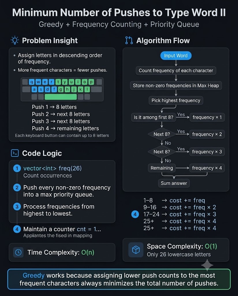SurajS2707's tweet photo. 🚀 Day 426 of my #EverydayCode challenge
Solved Minimum Number of Pushes to Type Word II using Greedy + Frequency Counting + Priority Queue in C++.
💡Key idea: Assign the most frequent characters to the lowest push counts to minimize the total number of pushes
#LeetCode #Cpp #DSA https://t.co/uDm44HdGJH