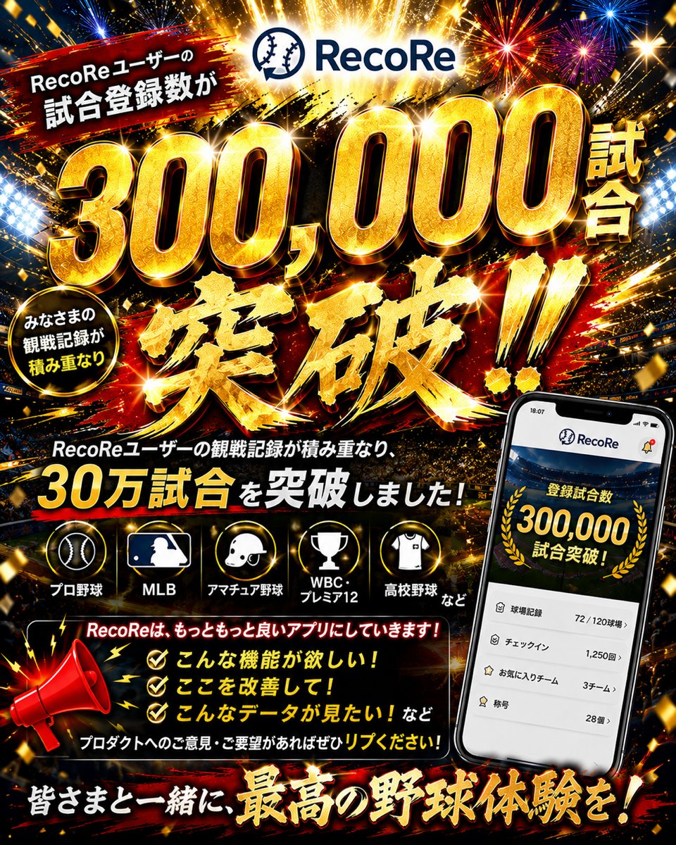 Recore_bb_log16's tweet photo. ⚾️オールスターゲームも終わり、
今日からいよいよ後半戦！

ここから始まる優勝争いが楽しみですね🔥

そしてRecoReからも嬉しいご報告！

🎉RecoReユーザーの観戦記録が積み重なり、
登録試合数が30万試合を突破しました！

皆さまご利用いただき、
本当にありがとうございます🙇‍♂️

さらに…
👀来週、Premium限定の新機能をリリース予定！

📅 「TODAY IN BASEBALL」

20年間の今日の試合が、今甦る。

あの日の名勝負や劇的な試合を、
その日の出来事とともに振り返ることができます。

今回は画像で少しだけチラ見せ📱✨

後半戦もRecoReで、
もっと野球観戦を楽しみましょう！

観戦記録を、資産に。 
#RecoRe #野球観戦記録アプリ