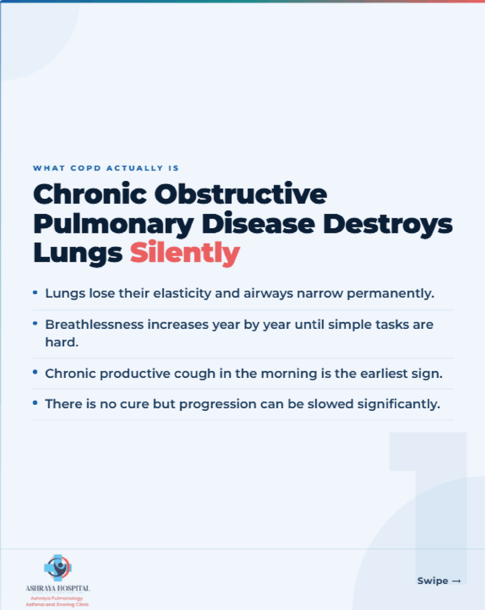 Ashraya_Pune's tweet photo. A persistent cough, breathlessness, or reduced stamina could be signs of COPD. Early diagnosis and the right treatment can help you breathe easier and live better.

#COPDAwareness #LungHealth #RespiratoryCare #HealthyLungs #AshrayaHospital https://t.co/sS1NWah4dW