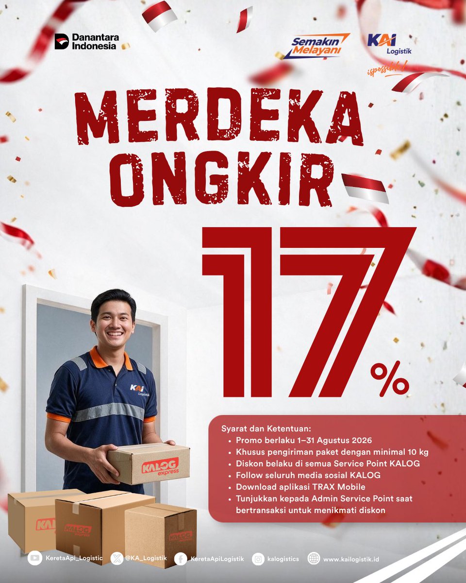 KA_Logistics's tweet photo. Semarakkan Hari Kemerdekaan dengan Kirim Paket Lebih Hemat! 📦

Kabar baik bagi Sobat KALOG! Selama bulan Agustus, nikmati diskon 17% untuk pengiriman paket minimal 10 kg ke seluruh Indonesia melalui Service Point KALOG Express.

Yuk simak informasinya dan manfaatkan promonya! https://t.co/BCUVzkRR5h