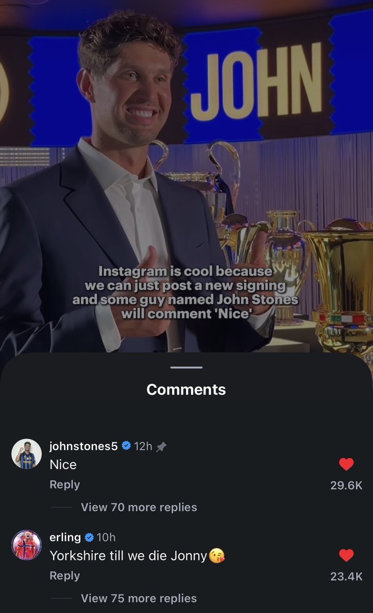 Inter_Xtra's tweet photo. 📲 John Stones and Erling Haaland commenting on #Inter’s Instagram post:

😂❤️ https://t.co/7UADBNrdEN