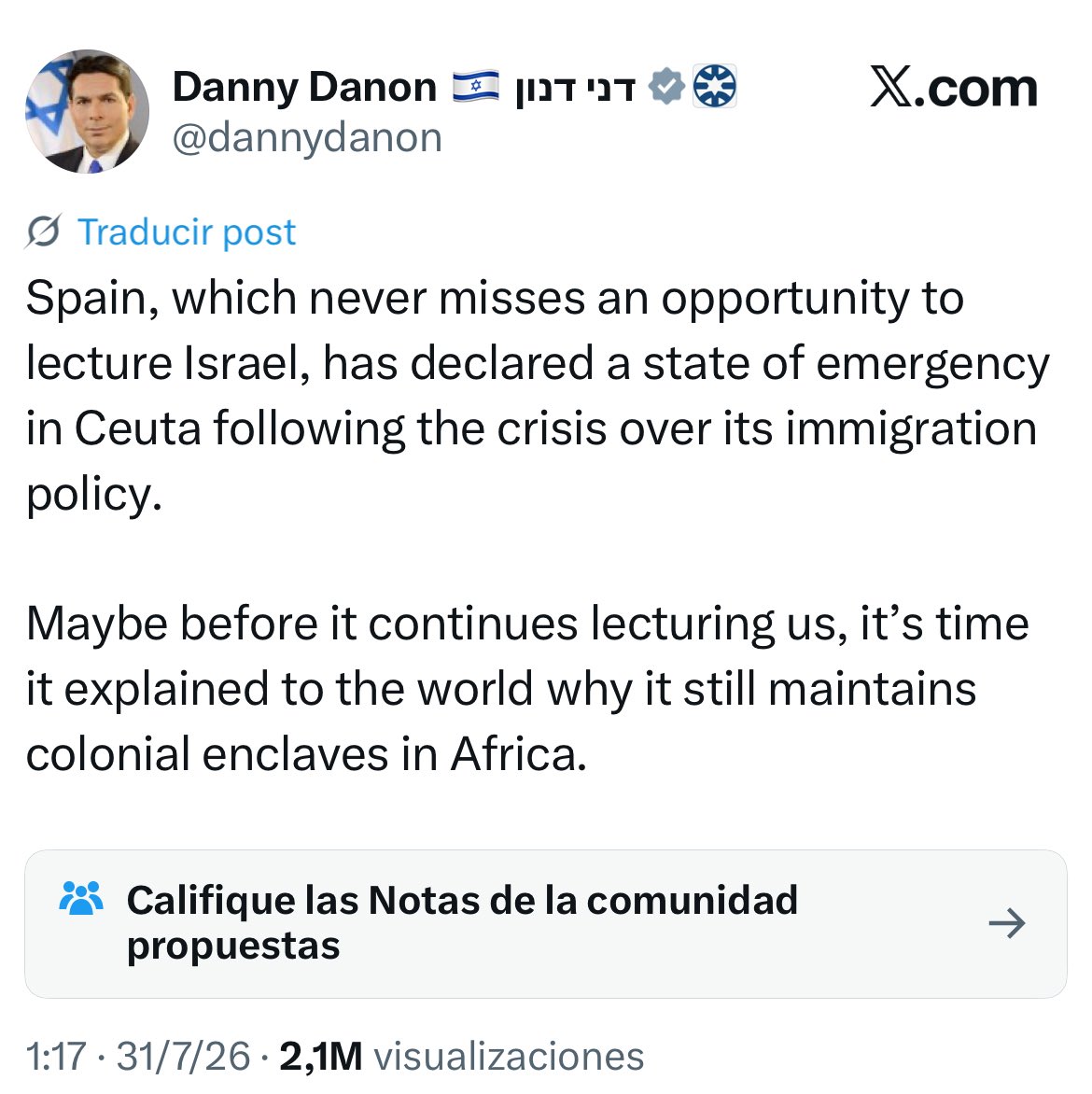 EgioVictor's tweet photo. El embajador de Israel en la ONU, Danny Danon, confirma que son los sionistas los que están detrás de la psyop de Ceuta y pide a España explicar por qué mantiene enclaves “coloniales” en África. 
Esto lo dice el portavoz de un Estado que es una colonia de Reino Unido y Estados Unidos en Oriente Medio, que lleva un siglo robando sus tierras a los palestinos y que ha masacrado a miles de niños y arrasado Gaza para convertirla en un resort de lujo.