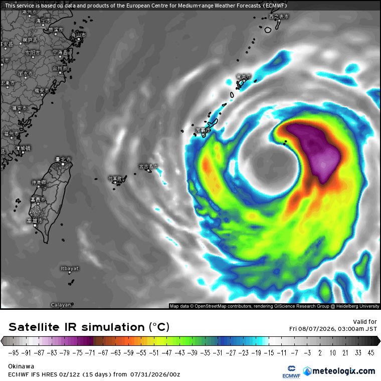 EarthUncutTV's tweet photo. Dolphin is an impressive super typhoon right now, but I suspect it’s going to be a giant, sprawling, dried out mess by the time it nears Okinawa. Similar to Bavi and maybe even the infamous Winnie from ‘97 (super Nino, similar track and time of year) if ECMWF is to be believed https://t.co/qmv6PkCoqB