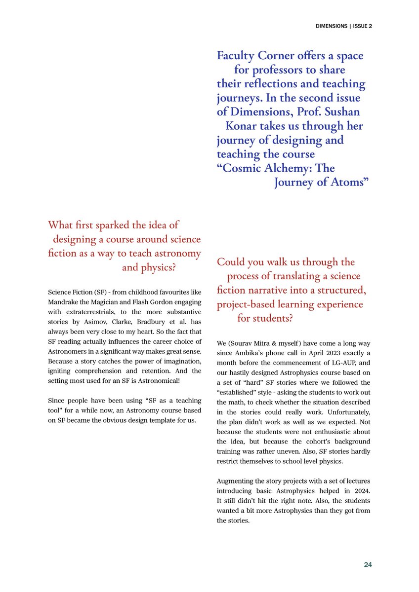 GlobalAshoka's tweet photo. Faculty Corner in Dimensions – Issue 2 features Prof. Sushan Konar, who reflects on #Cosmic #Alchemy: The Journey of #Atoms - a course that combines science fiction with #astrophysics to encourage curiosity, #creativity, and #scientific inquiry.
@kvijayraghavan @AmbikaAnupama https://t.co/OHaJOdOSDS