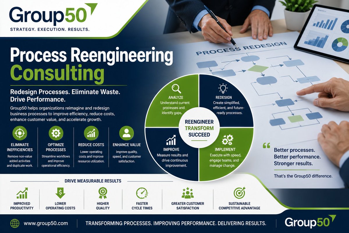 Group50's tweet photo. Redesign your business processes for greater efficiency and sustainable growth. Group50 helps organizations streamline operations, reduce costs, eliminate waste, and improve performance.
Visit: https://t.co/2eYLraU2r1
#ProcessReengineering #BusinessTransformation #Group50 https://t.co/kVnKKln9xW