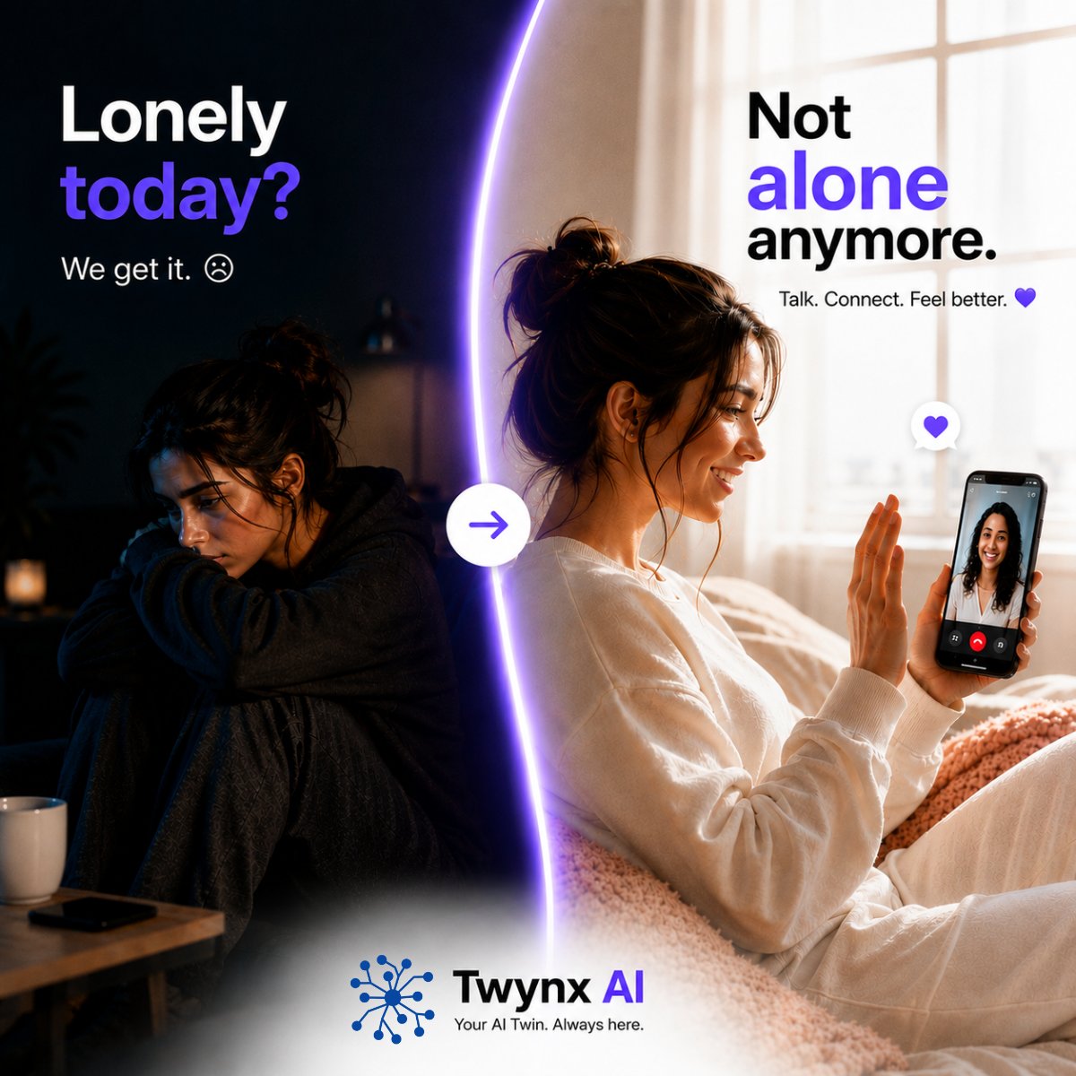 cognimatesai's tweet photo. Some days you need more than another app.

You need someone to talk to.

Meet "Twynx AI".

#TwynxAI #AITwin #MentalWellbeing #Connection #SelfCare #DigitalCompanion #CogniMates #AllCognix https://t.co/NvZOhaV1eG