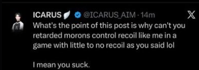 toomanyspells's tweet photo. @ICARUS_AIM Not to mention that this dude has an insane ego and shit talks everyone while being mediocre on the game he claims to be "true aimer" on. Better get that season 4 accuracy up if you're going to claim some bs like being the recoil control king. 🤡 https://t.co/YUrE9NkmMJ