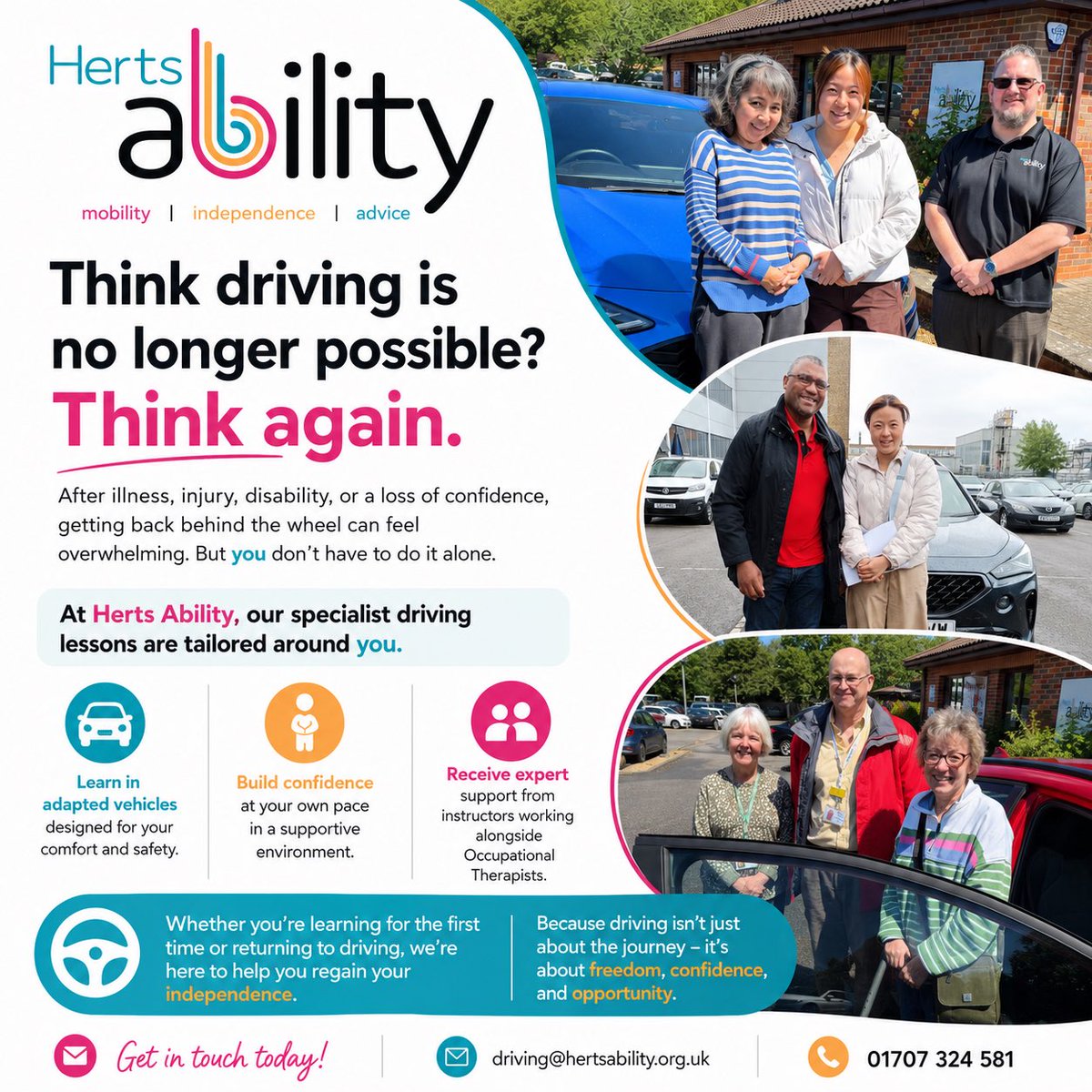 HertsAbility's tweet photo. Think driving is no longer possible?
Think again.
At Herts Ability, our specialist driving lessons are tailored around you!
📩 Get in touch today:
📧 driving@hertsability.org.uk
📞 01707 324 581
#HertsAbility #DrivingIndependence #AccessibleDriving #DrivingConfidence https://t.co/zBUX1zfV6Z