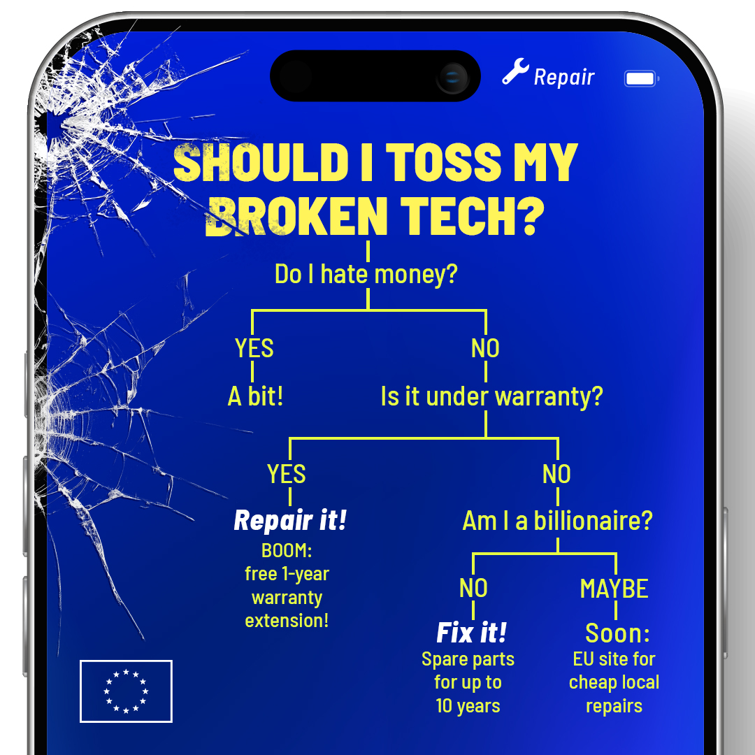 EU_Commission's tweet photo. Your tech breaks. Buying new seems cheaper than repairing.

We’re making the Right to Repair the new standard in Europe. https://t.co/DDfCxIdJkv