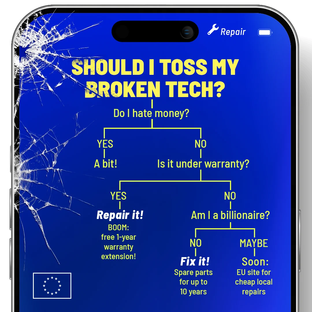 Graphic designed as a smartphone screen with a cracked display, showing a humorous decision tree about repairing broken tech. The title reads, “Should I toss my broken tech?” It asks, “Do I hate money?” If yes: “A bit!” If no: “Is it under warranty?” If yes: “Repair it! BOOM: free 1-year warranty extension!” If no: “Am I a billionaire?” If no: “Fix it! Spare parts for up to 10 years.” If maybe: “Soon: EU site for cheap local repairs.” A repair icon and battery symbol appear at the top, and the EU flag is shown in the bottom left corner.