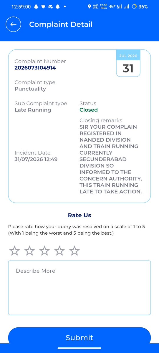 VjsReview's tweet photo. Again, the same copy-paste response! @RailMinIndia This is not a resolution. The train was running nearly 2 hours late, yet the complaint was simply closed saying “informed to concerned authority.” Who is accountable for the delay?
1/2 https://t.co/IWLcTWmKuC