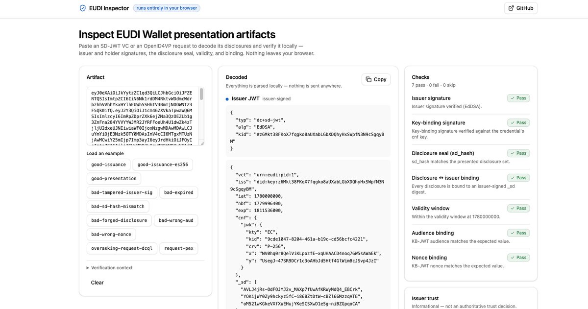 MillusPontius's tweet photo. Most SD-JWT tools just decode. Paste a token, get a JSON tree, done.

That wasn't enough for the EUDI work I was doing. I needed to know if a presentation would actually verify, and whether the request was over-asking for claims.

So I built a small local inspector. Paste an SD-JWT VC or an OpenID4VP request and it checks signatures, disclosure binding, and over-asking rules in the browser. No backend, so the artifact never gets uploaded anywhere.

Open source (Apache-2.0). 
#EUDI