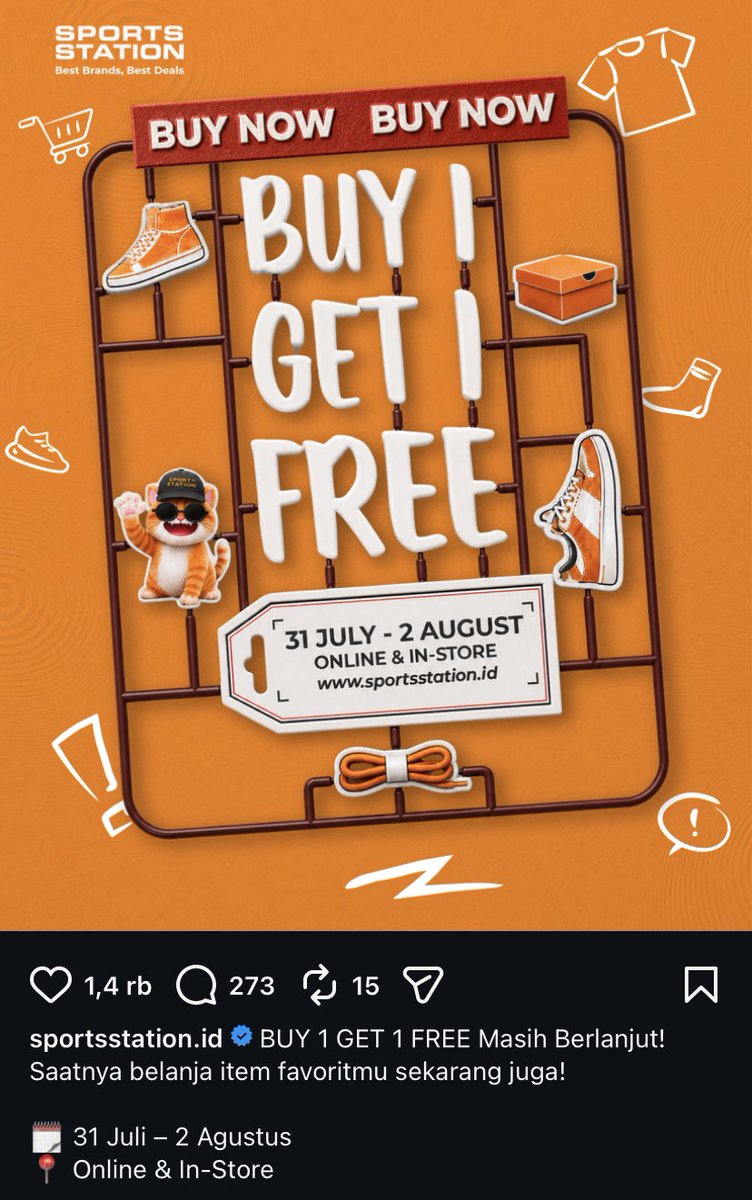 celine_naro's tweet photo. DI SPORTS STATION LAGI ADA PROMO NIH BUY 1 GET 1 FREE

Amanin dulu gasih, cuma sampe 2 Agustus https://t.co/1B78sia676