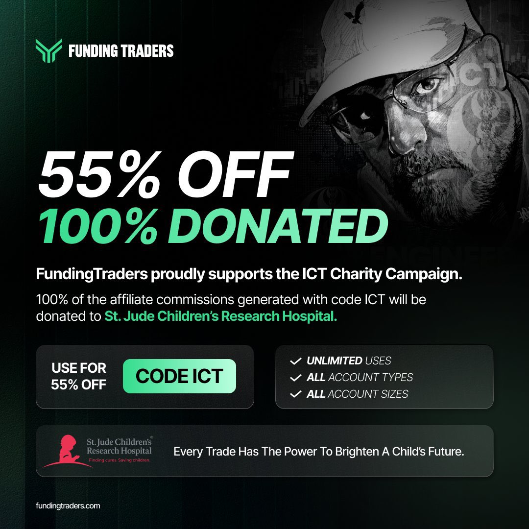 oderflow_Trader's tweet photo. Trade with purpose. 💚
Get 55% OFF with code ICT, while 100% of affiliate commissions go to St. Jude Children’s Research Hospital. Save on your challenge and support a great cause at the same time. 🙌📈 #FundingTraders #ICT #PropFirm #ForexTrading https://t.co/jQ3QCx9wP4