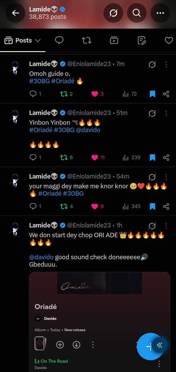 Eniolamide23's tweet photo. Fire fire everywhere. Nah only Davido fit make me dey pour fire for tweets.. Stream Ori Adé todayyy 🔥🔥

#davido #30BG #Oriadé https://t.co/Vc8B6kXN2g