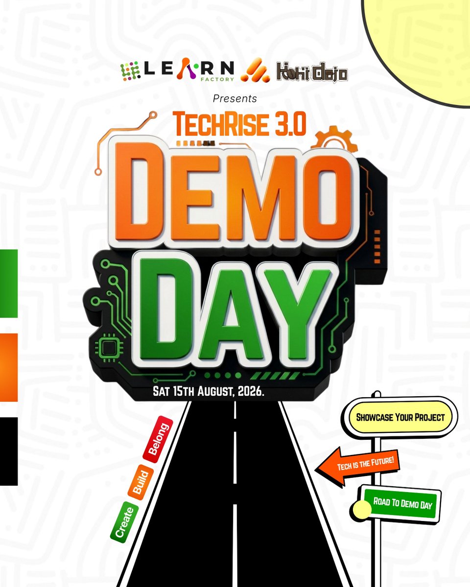 mcimaga's tweet photo. We’ve been building. Now it’s time to show it.
TECHRISE 3.0 DEMO DAY is here 🔥
Sat 15th August, 2026
Hosted by @LearnFactoryNG + @KohiDojo
Expect: Live project demos, networking, and the next wave of African tech talent.
See you on the Road To Demo Day 👇
#TechRise3 #DemoDay https://t.co/G3IkqNUGS2