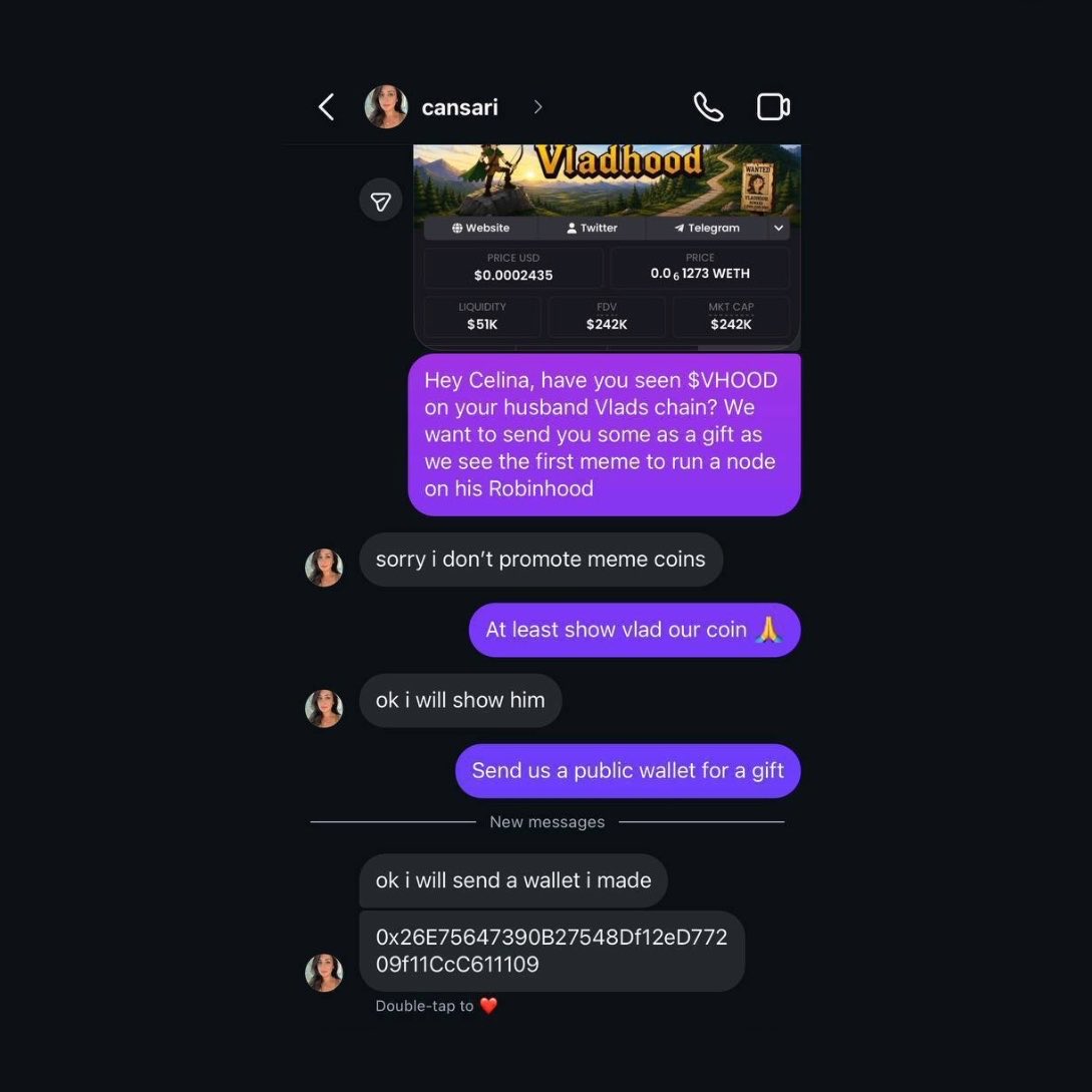 WhaleInsider's tweet photo. JUST IN: Robinhood founder Vlad Tenev's wife, Celina Tenev, interacts with a member of the $VHOOD meme coin community on Instagram. https://t.co/DugFoTAVCN