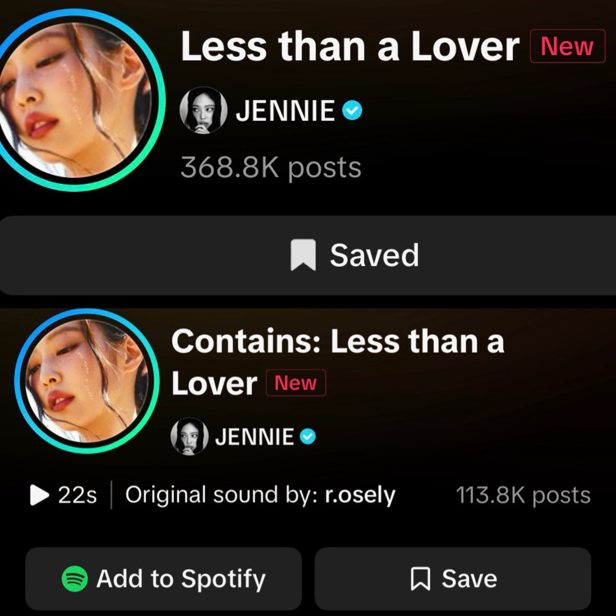 jenniescharts's tweet photo. RT AND REPLY 

Hi @oddatelier @Jennie_HQ @ColumbiaRecords Please merge the two official TikTok sounds for “Less than a Lover”. Having two separate sounds splits nearly 500K posts between them and hurts the song’s visibility. Also, please add the Spotify link to the main audio so users can save and stream the song directly. Thank you