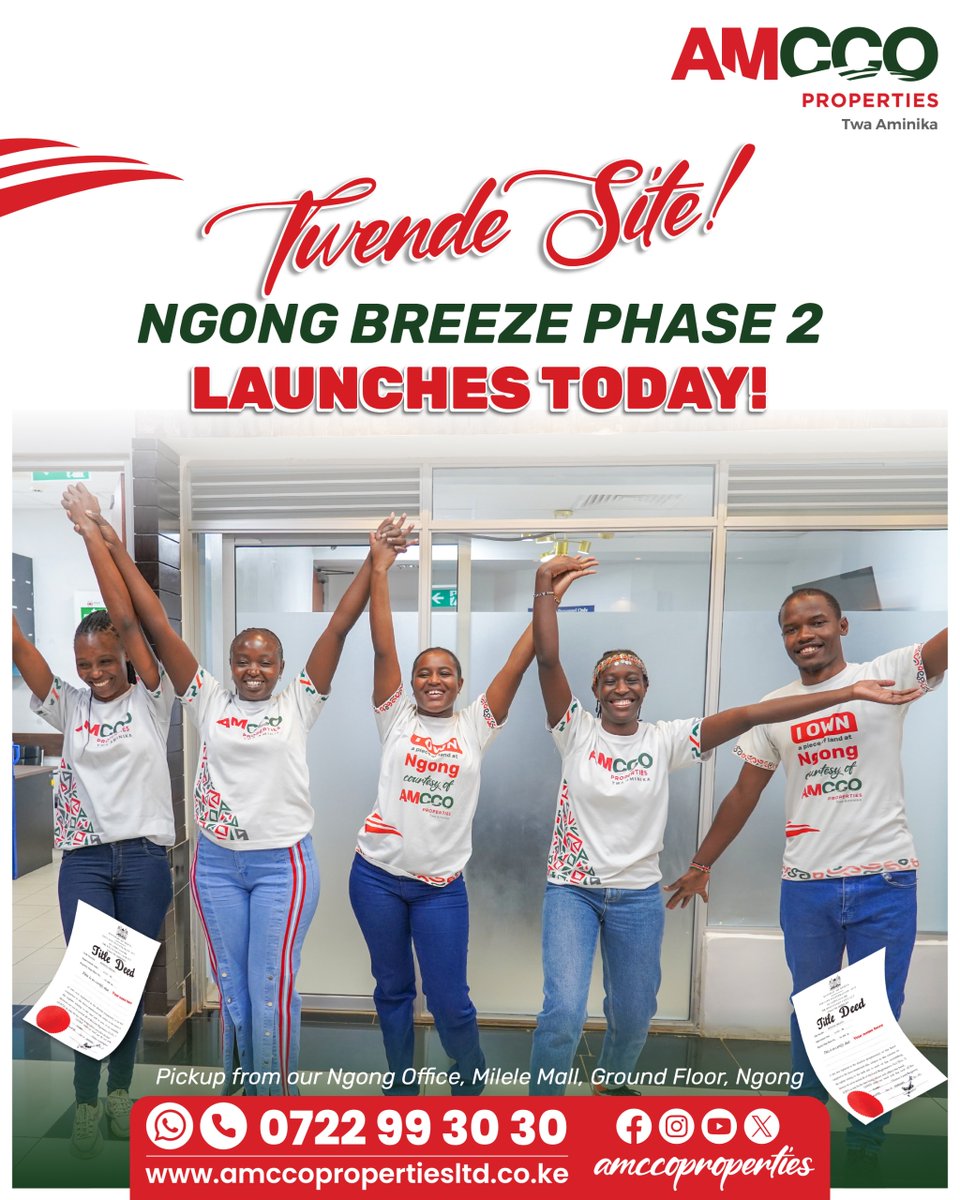 AmccoProperties's tweet photo. IT'S LAUNCH DAY TODAY
Today, we officially launch Ngong Breeze Estate Phase II in Kimuka, Ngong.

Meeting Point is at our Ngong Office, Milele Mall
Call us: 0722 993 030|WhatsApp: https://t.co/QTjhOgcRbt

#amccoproperties #launchday #plotsforsale https://t.co/OTJGvS19IU