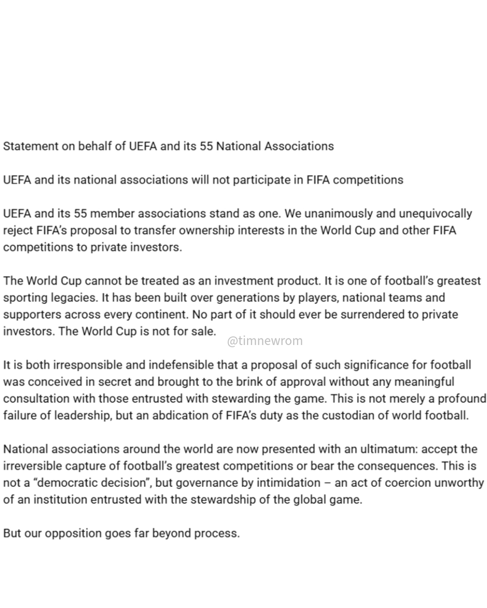 TimNewRom's tweet photo. European Nations Have Agreed To Boycott All FIFA Competitions, Including The World Cup

This comes after an emergency meeting on Thursday resolved to reject FIFA president Gianni Infantino's plan to sell stakes in the Cup to private equity.

#worldcup #worldcup2026 #soccer #fifa https://t.co/5wLefpcHgU