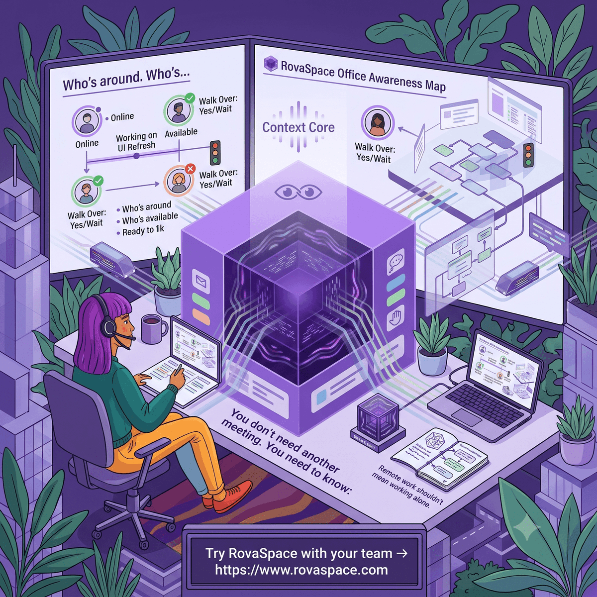 rovaspace's tweet photo. You don’t need another meeting.

You need to know who’s around, who’s available, and what your team is doing.

RovaSpace brings the awareness of an office to remote teams—without taking away the freedom of working anywhere.

Remote work shouldn’t mean working alone. https://t.co/joGdatFduZ