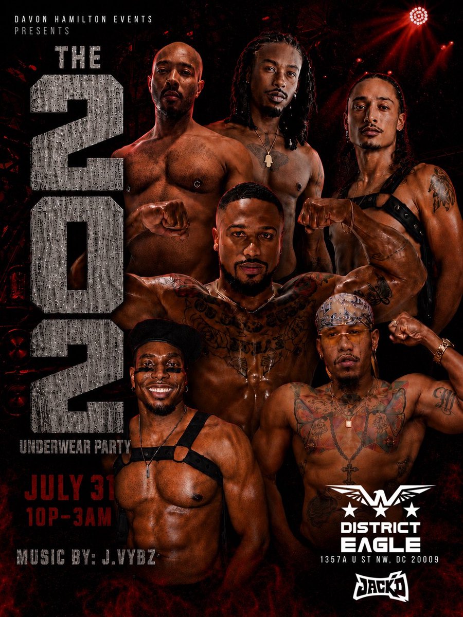 DH__Events's tweet photo. 🗓️ TONIGHT 🕙 10p — we’re parting in U St., 
@DH__Events presents THE 202 Underwear Party with DJ J.VYBZ + @Trophy_King1 @GymmieDean @2savvy4em @BobbySdotBandz @uniquelife101

📍 District Eagle 🎟️ https://t.co/BG9PvscAeH

The dance floor is only the beginning 😈 https://t.co/LW1e7YfOf9
