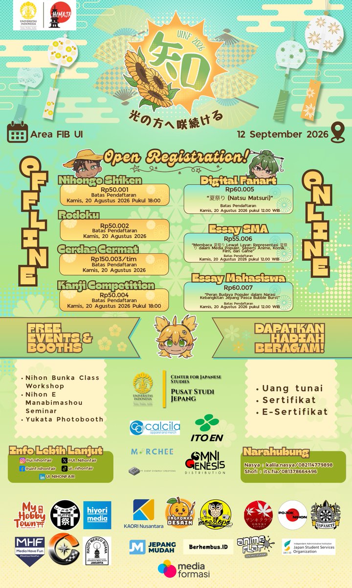 UI_Nihonfair's tweet photo. 📣 UI NIHON FAIR 2026 📣

こんにちは皆さん!

📍Area Fakultas Ilmu Pengetahuan Budaya, Universitas Indonesia
Sabtu, 12 September 2026 https://t.co/cOUfrRKH02
