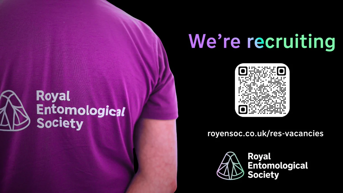 Person wearing a purple Royal Entomological Society shirt with a recruitment QR code and website link on a black background.