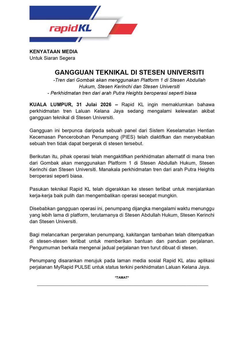 myrapidkl's tweet photo. Kenyataan Media

GANGGUAN TEKNIKAL DI STESEN UNIVERSITI 

-Tren dari Gombak akan menggunakan Platform 1 di Stesen Abdullah Hukum, Stesen Kerinchi dan Stesen Universiti 

-Perkhidmatan tren dari arah Putra Heights beroperasi seperti biasa https://t.co/zYAVhuSHtQ