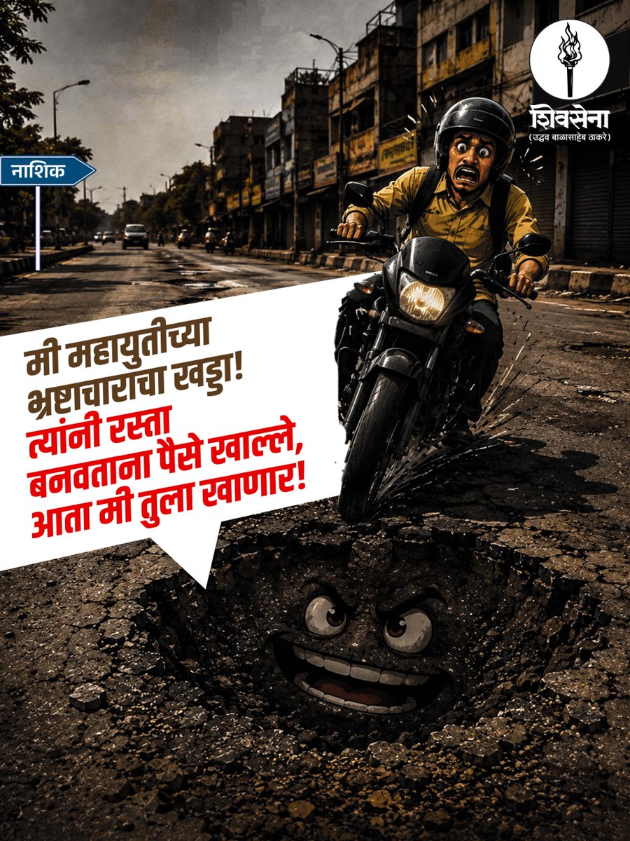 ShivSenaUBT_'s tweet photo. नाशिकच्या रस्त्यांवरील खड्डे आता केवळ गैरसोय राहिलेले नाहीत, तर ते नागरिकांच्या जीवावर उठले आहेत.
खड्ड्यांमुळे अपघात होत आहेत, निष्पाप नागरिक जखमी होत आहेत, काहींना तर आपला जीवही गमवावा लागत आहे. तरीही प्रशासन आणि सत्ताधारी केवळ आश्वासनांची धूळफेक करत आहेत.
 रस्त्यांवर विकास नाही, तर भ्रष्टाचाराचे खड्डे दिसत आहेत.