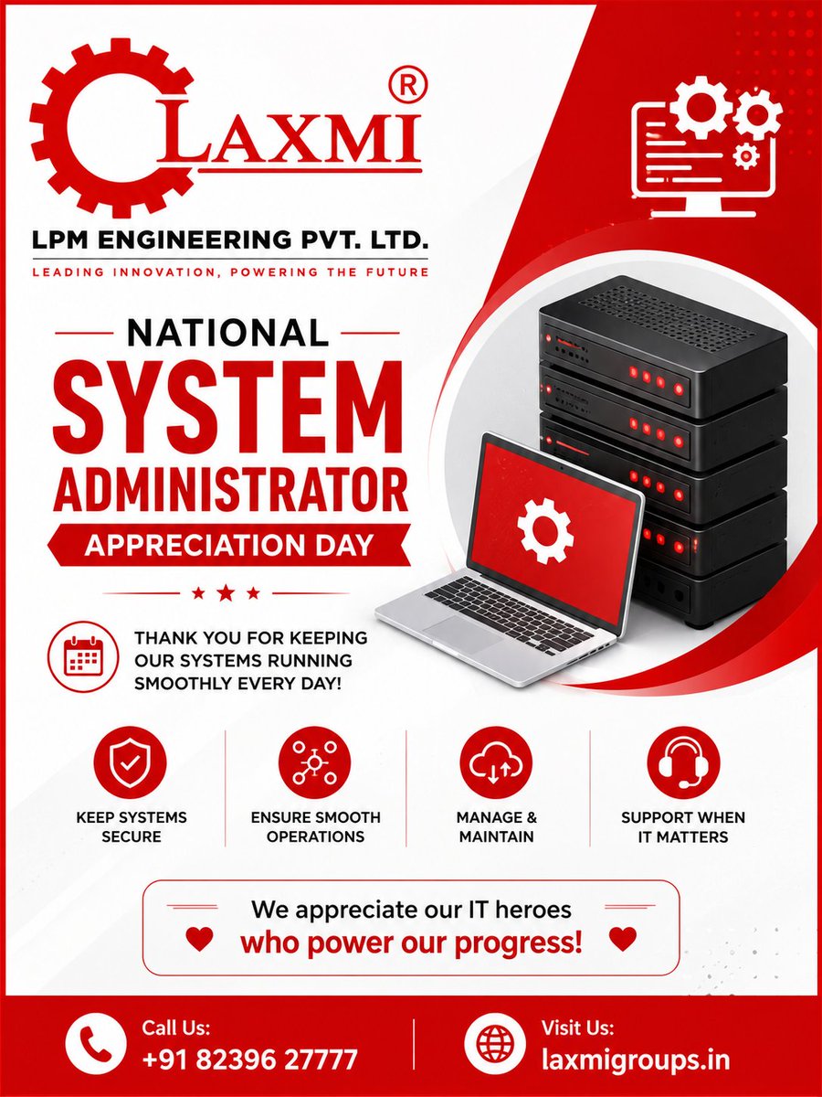 LpmEngineering's tweet photo. National System Administrator Appreciation Day | Thank You, IT Heroes! ��

Call Us: +91 82396 27777
Visit Us: https://t.co/Iisa2kWJHR

#SystemAdministratorAppreciationDay #SysAdminDay #LPMEngineering #LaxmiGroups #ITSupport #CyberSecurity https://t.co/nK855YIUza