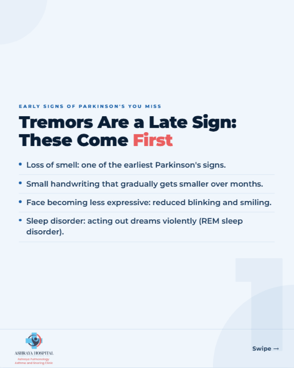 Ashraya_Pune's tweet photo. Parkinson's disease can begin with subtle signs long before tremors appear. Early diagnosis and expert care can help improve quality of life.

#ParkinsonsAwareness #Neurology #BrainHealth #EarlyDiagnosis #AshrayaHospital https://t.co/ajB7QORiVv