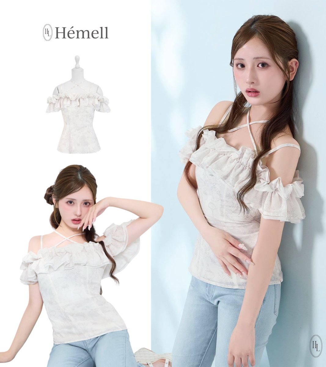hemell_official's tweet photo. 𝐀𝐮𝐠𝐮𝐬𝐭 𝒇𝒊𝒓𝒔𝒕 𝒄𝒐𝒍𝒍𝒆𝒄𝒕𝒊𝒐𝒏🪽

オリジナルのベルエトワール柄が目が惹く主役トップス 🩵
ボリュームのあるラッフルが二の腕をすっきり見せ、顔周りまで華やかに🪡🤍

🗝ベルエトワールオフショルトップス
￥8,900+tax

8/5(水)17:00- NEW Release𓂃꙳⋆ https://t.co/cZc25EGMUR