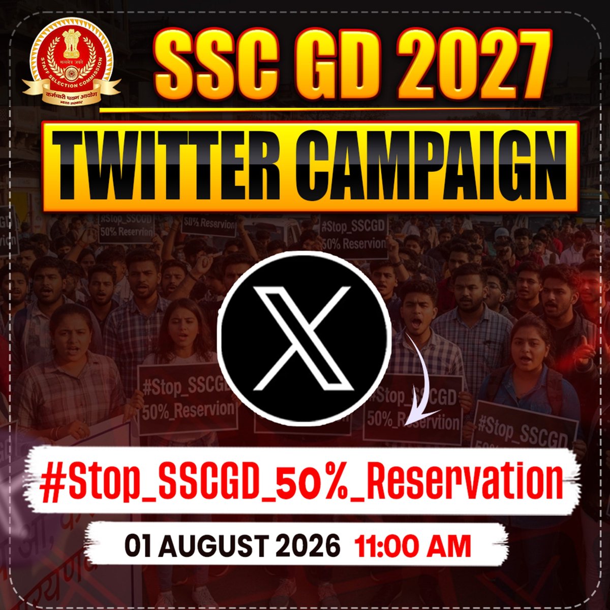 ankitbhatisir's tweet photo. SSC GD 2027 के सभी अभ्यर्थियों से अनुरोध है।
यदि आपको लगता है कि भर्ती प्रक्रिया में सभी अभ्यर्थियों के लिए समान अवसर होने चाहिए, तो अपनी बात लोकतांत्रिक और सम्मानजनक तरीके से रखने के लिए इस अभियान में शामिल हों।
🗓️ 01 अगस्त 2026
⏰ सुबह 11:00 बजे
📍 X (Twitter)

Hashtag: 👇 
#Stop_SSCGD_50%_Reservation

अपनी बात तथ्यों और शाली�� भाषा में रखें। किसी भी वर्ग, समुदाय या अग्निवीरों के प्रति अपमानजनक टिप्पणी न करें। उद्देश्य केवल अपनी मांग को शांतिपूर्ण और लोकतांत्रिक तरीके से सरकार तक पहुँचाना है।

हर एक ट्वीट आपकी आवाज़ को मजबूत बना सकता है। इसलिए कल समय पर इस अभियान से जुड़ें और अपनी बात जिम्मेदारी से रखें।