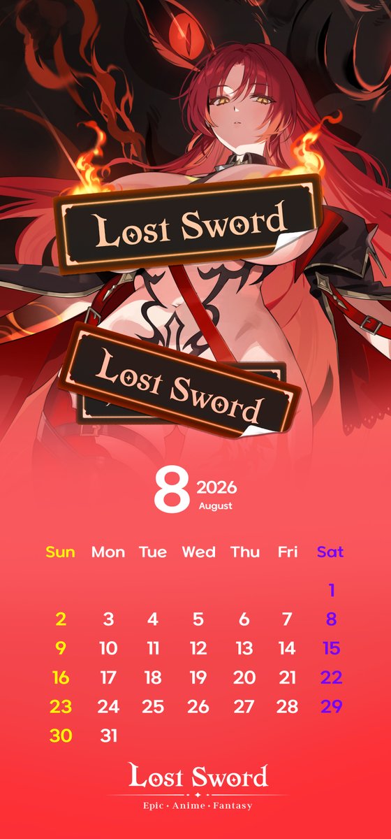 LostSword_EN's tweet photo. ๐ Spend August 2026 with #FlameKay ๐ฅ
๐ Download the original calendar wallpaper from the #LostSword official Discord server!
โค https://t.co/114cRJgM5W โข
#LTSD #Wallpaper https://t.co/QWuMgWOWQk