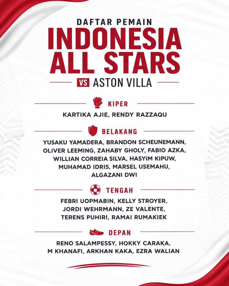 idextratime's tweet photo. ✅ RESMI : Daftar pemain Indonesia All Stars untuk laga persahabatan menghadapi Aston Villa besok (19.00 WIB - ANTV). 🇮🇩

Skuad akan dipimpin oleh Kurniawan Dwi Yulianto. https://t.co/t56ygPcd0W