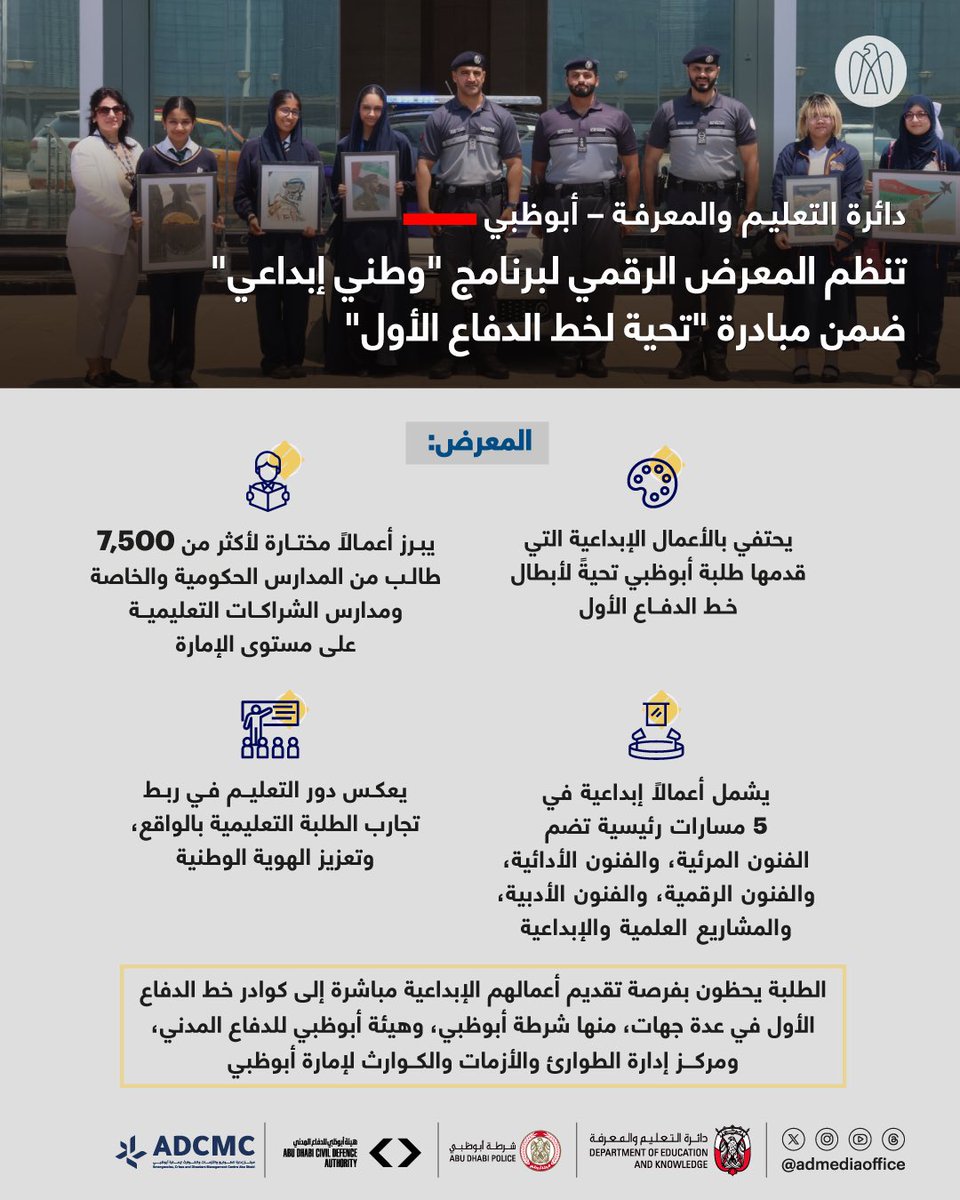 ADMediaOffice's tweet photo. دائرة التعليم والمعرفة - أبوظبي تنظم المعرض الرقمي لبرنامج "وطني إبداعي"، ليوفر منصة تتيح للطلبة في أبوظبي تقديم أعمالهم الإبداعية إلى جهات وكوادر خط الدفاع الأول. المعرض يأتي ضمن مبادرة "تحية لخط الدفاع الأول" التي تندرج تحت مظلة برنامج "وطني إبداعي". https://t.co/TBOGrD3lHb