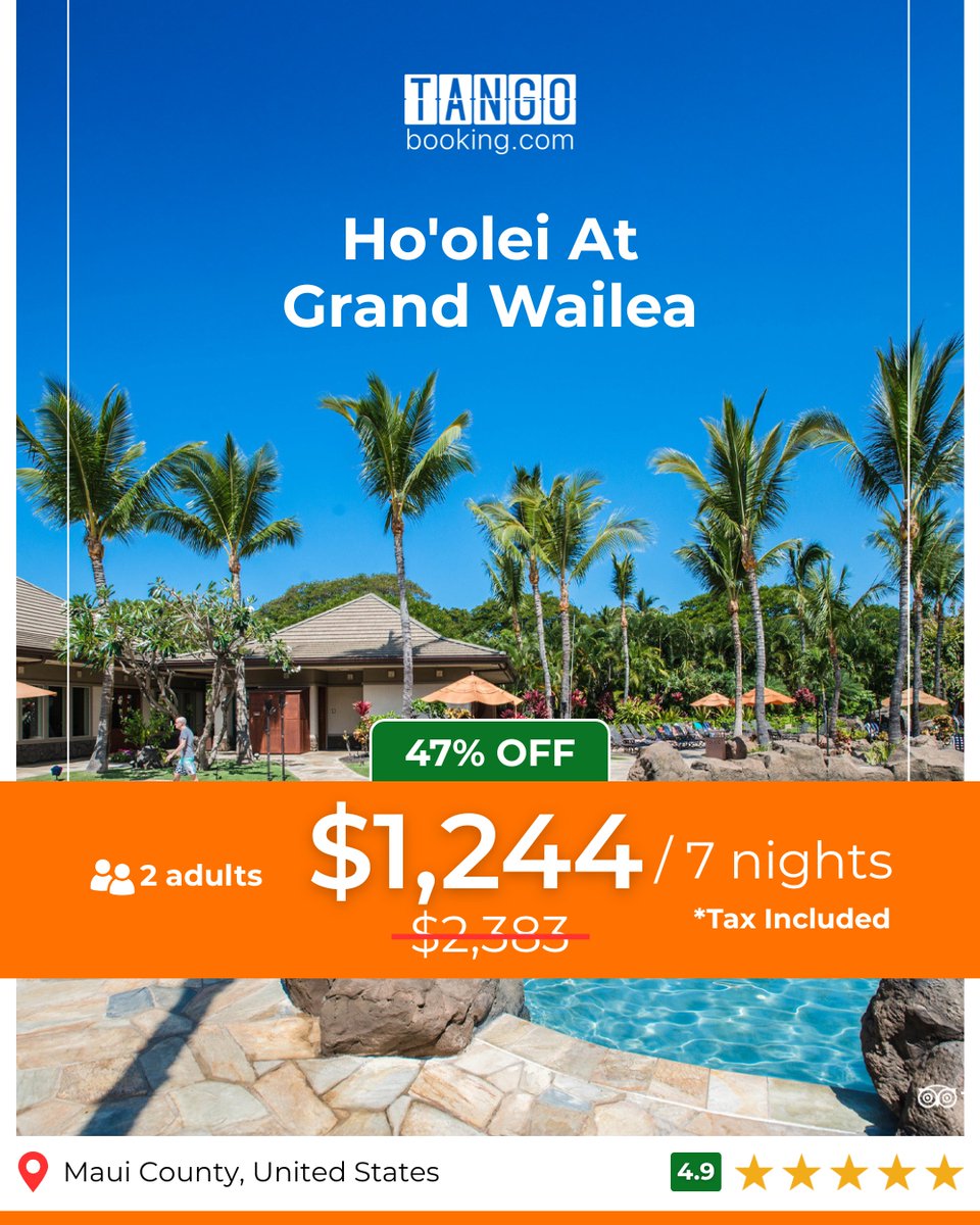tangobookings's tweet photo. Hawaii luxury just became a whole lot more reachable. 🌺🌴
Stay 7 nights at Ho'olei at Grand Wailea for only $1,244, tax included, a massive 47% OFF the regular rate.

👉 Book your Maui getaway now at https://t.co/pcgU8naNN4

#TangoBooking #Maui #HawaiiResort https://t.co/LY9BGm5QUj