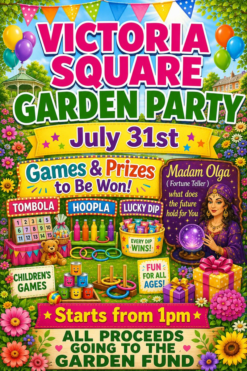 BreakfastBilly's tweet photo. Today ( Friday) Victoria Square Garden Party
Opens from 12noon - Fun and Games from 1pm
Pop down - #prizes #cakes #tombola #fun #games #homemadecandles #raffles #funds #funraiser
( Victoria Square - Oldham Road ) "FREE ENTRY " https://t.co/hlYU1y58Y6