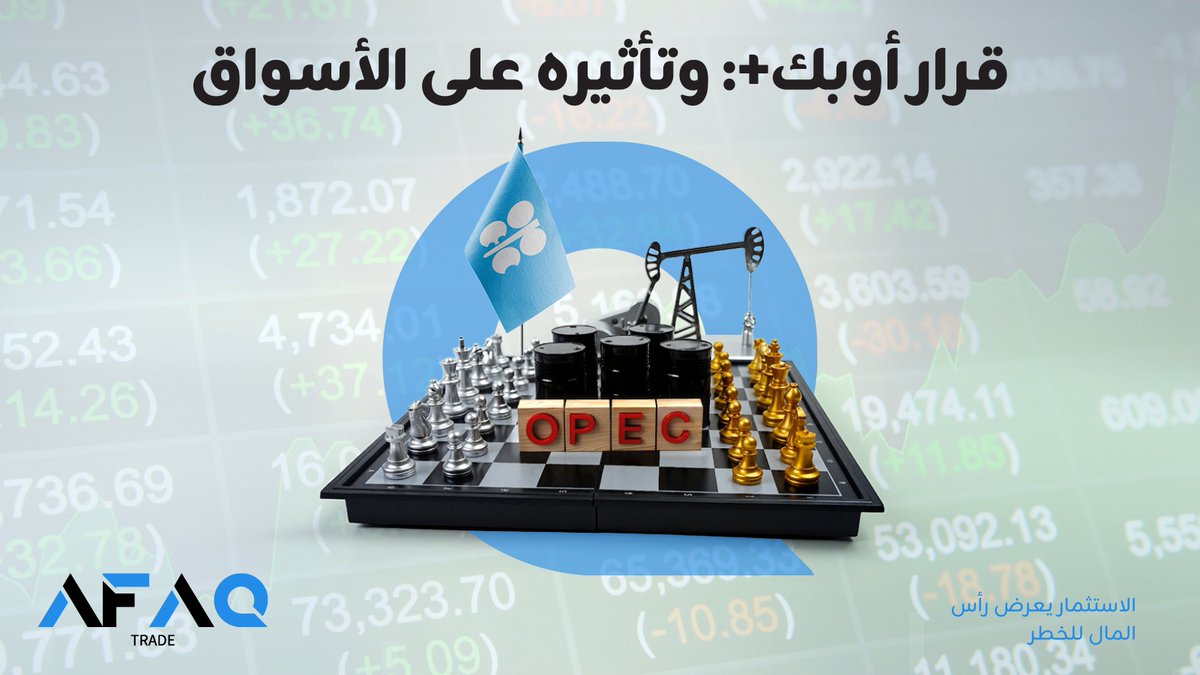 Afaq_Trade's tweet photo. 🛢️ماذا يعني قرار أوبك+؟
🔸يؤثر في أسعار النفط
🔹ينعكس على أسواق الطاقة
🔸قد يؤثر في العملات وأسهم قطاع الطاقة
🔹يساهم في تشكيل توقعات الأسواق

🔼فهم قرارات أوبك+ يساعد على قراءة تحركات النفط والاقتصاد العالمي

التداول ينطوي على مخاطر وقد يؤدي إلى خسارة رأس المال. https://t.co/XQItlFvzxG