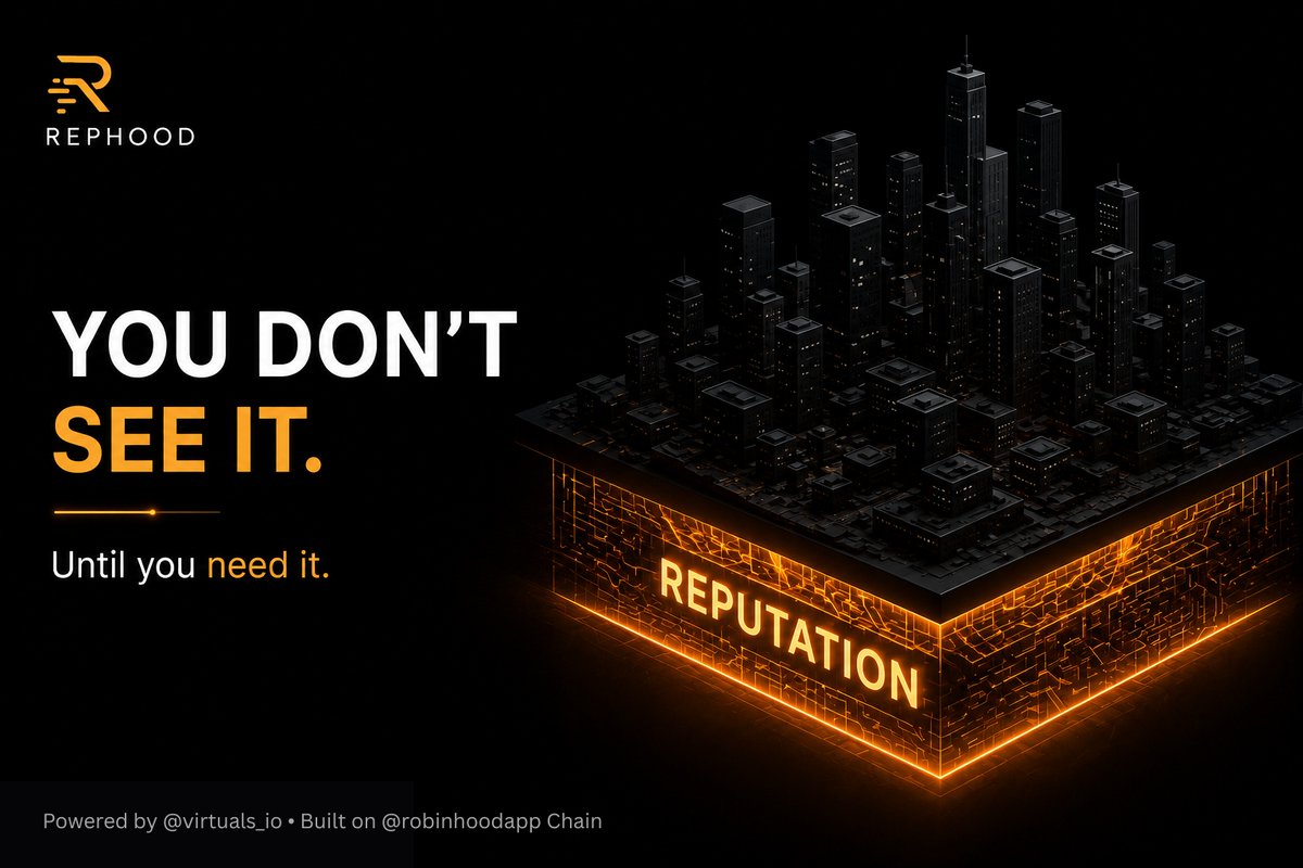 Rephoodxyz's tweet photo. The best infrastructure isn't the most visible or with maximum social hype. 

It's the layer everything else quietly depends on
That's reputation

And Rephood on @virtuals_io works on that  
Giving every agent the trust layer which is missing right now   

Stay Tuned  
Exciting things coming today