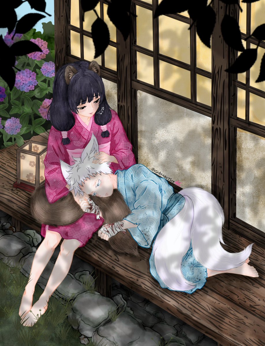 GraMacTire's tweet photo. Still catching up with #goutaweek2026 - day3  
favor/childhood friends/fantasy AU - Young kitsune Satoru training to earn his next tail and failing-tanuki girl Utahime quietly singing to him to calm him down and lift up his mood.
#gouta #gojohime #gojosatoru #jjk https://t.co/aEpclXdi7p