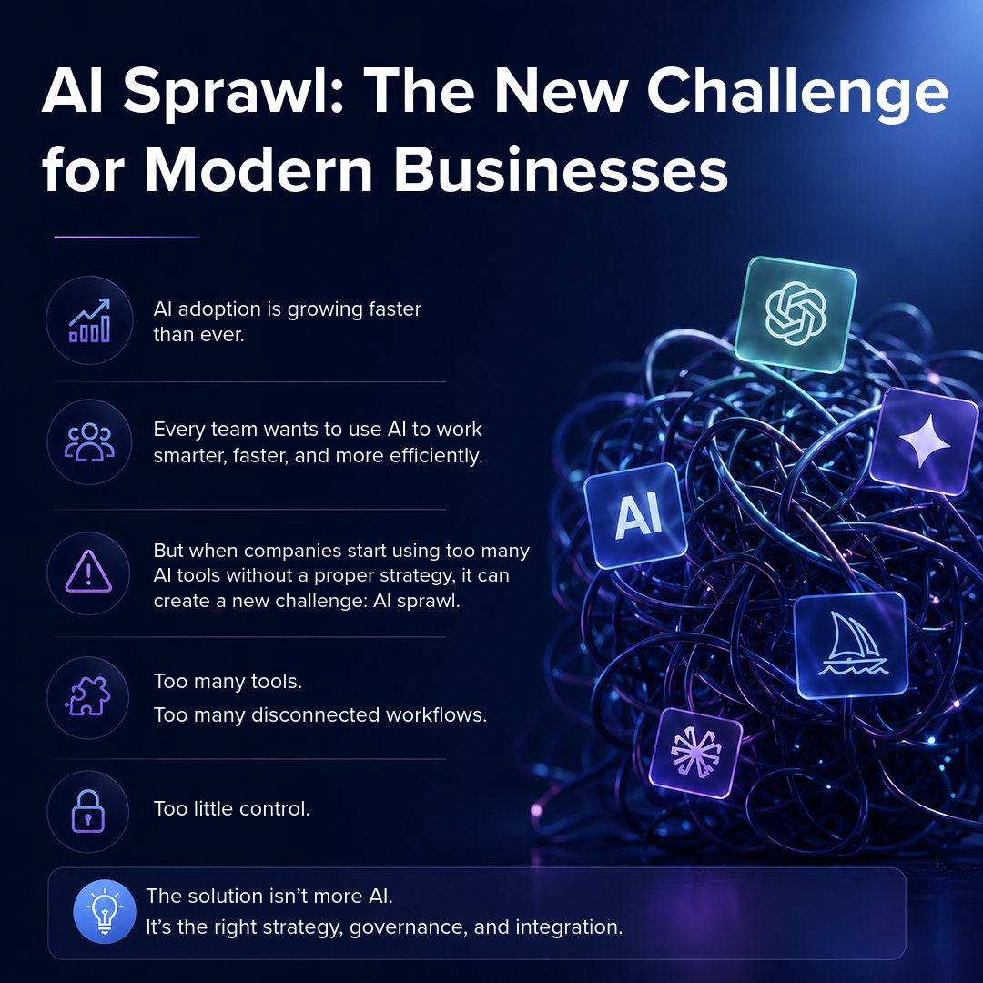 skyniche's tweet photo. AI is helping businesses move faster, work smarter, and improve everyday operations. But as more teams start using different AI tools, a new challenge is quietly growing inside many companies: AI sprawl.

#artificialintelligence #aistrategy #digitaltransformation #futureofwork https://t.co/NK0ek3qDZ6