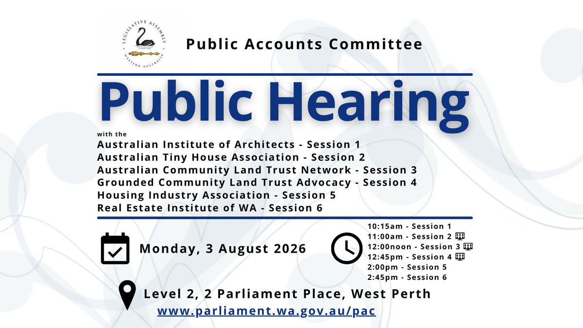 AssemblyWA's tweet photo. On Monday the Public Accounts Committee is holding a public hearing in relation to its inquiry into land rent schemes 

More information available here https://t.co/Bb2GNDbigC

#WAParliament https://t.co/QWaJmyONdz