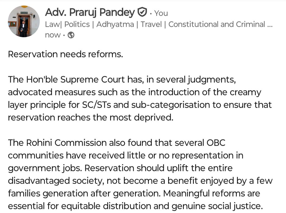 _praruj_'s tweet photo. Reservation needs reforms.

The Hon'ble Supreme Court has, in several judgments, advocated measures such as the introduction of the creamy layer principle for SC/STs and sub-categorisation to ensure that reservation reaches the most deprived.

#reservationsystem https://t.co/Lf94JVuZjW