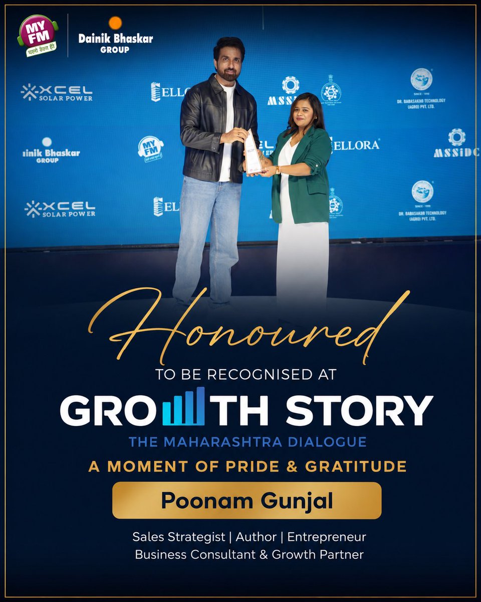 SalesbyPoonam's tweet photo. Honoured to be recognised at Growth Story – The Maharashtra Dialogue. ✨

Heartfelt thanks to @MYFMIndia @DainikBhaskar for celebrating meaningful journeys and creating a platform for growth and impact.
Special thanks @SonuSood 
Grateful, humbled! https://t.co/7c8oEoylX4