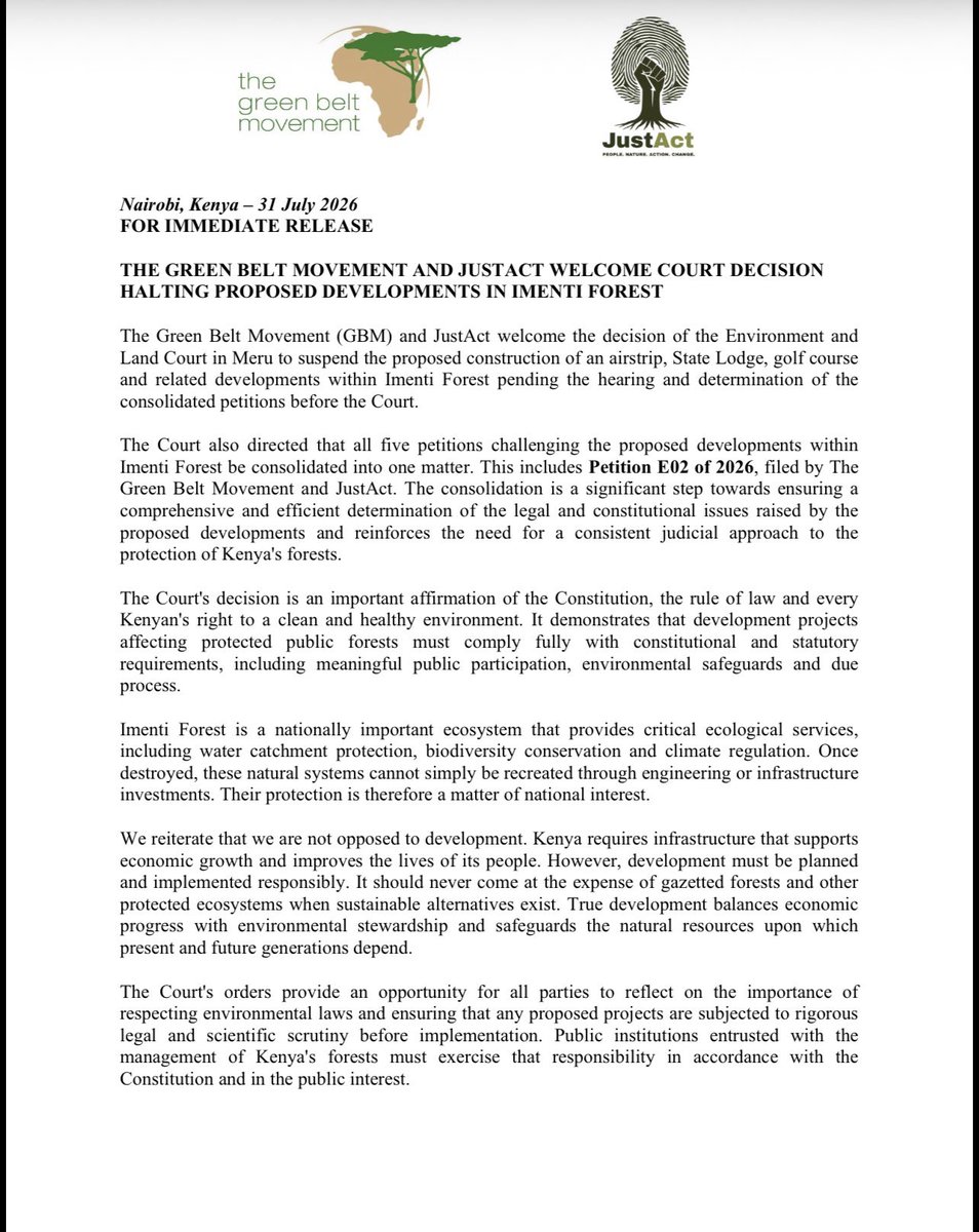 GreenBeltMovmnt's tweet photo. GBM and JustAct welcome the Environment and Land Court's decision to suspend the proposed developments in Imenti Forest pending the hearing &amp; determination of the consolidated petitions. 

This is an important step in upholding the Constitution &amp; environmental justice!

#TeamGBM https://t.co/2PGUgqZn1I